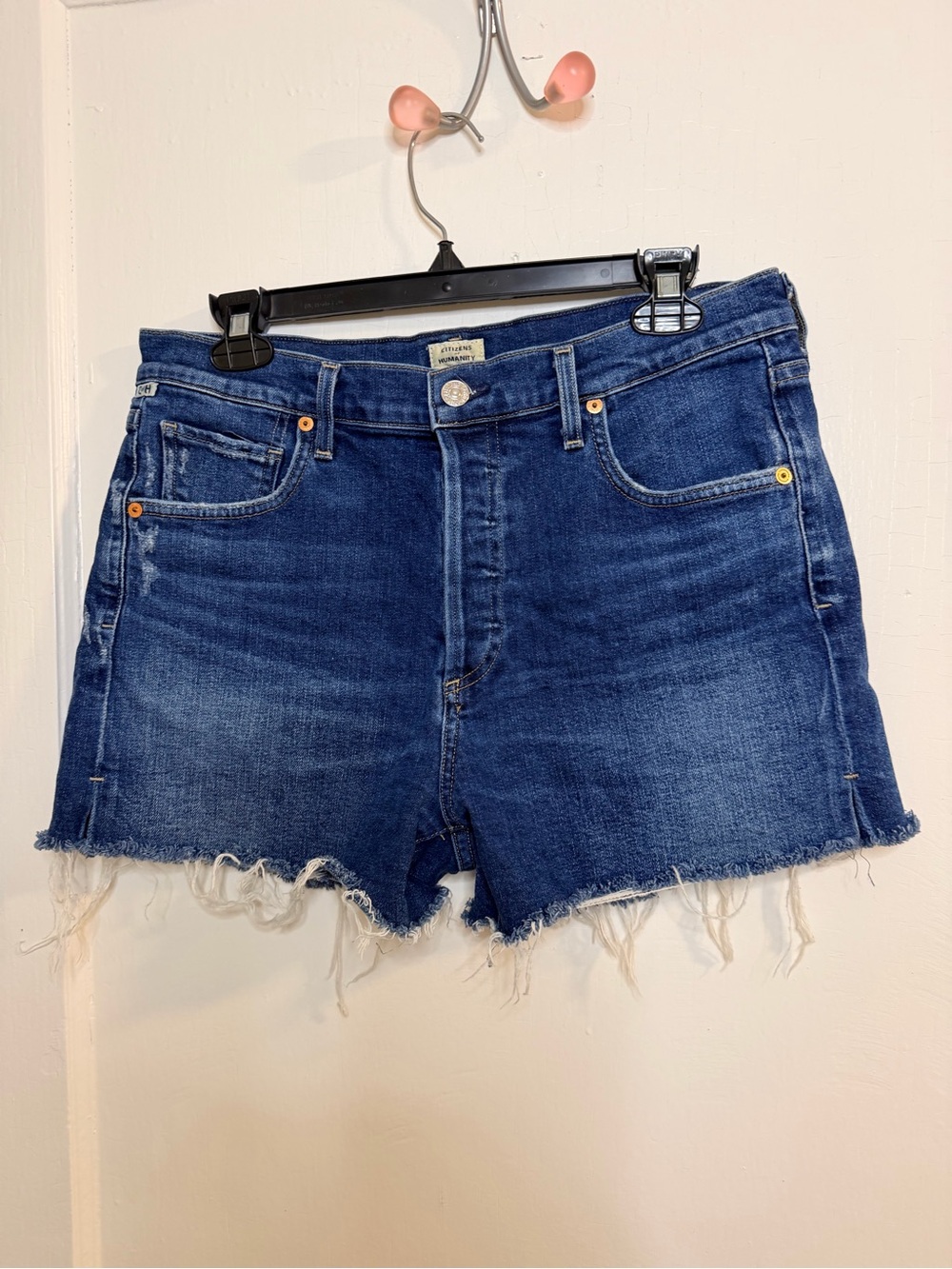 Citizens Of Humanity Dark Blue High-Rise Frayed Jean Shorts - Picture 2 of 9